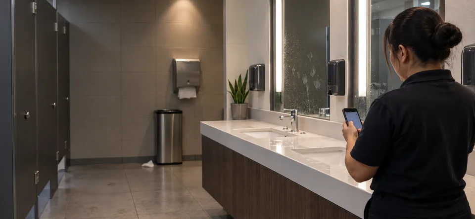 Commercial cleaning supervisor inspecting a washroom using a smartphone