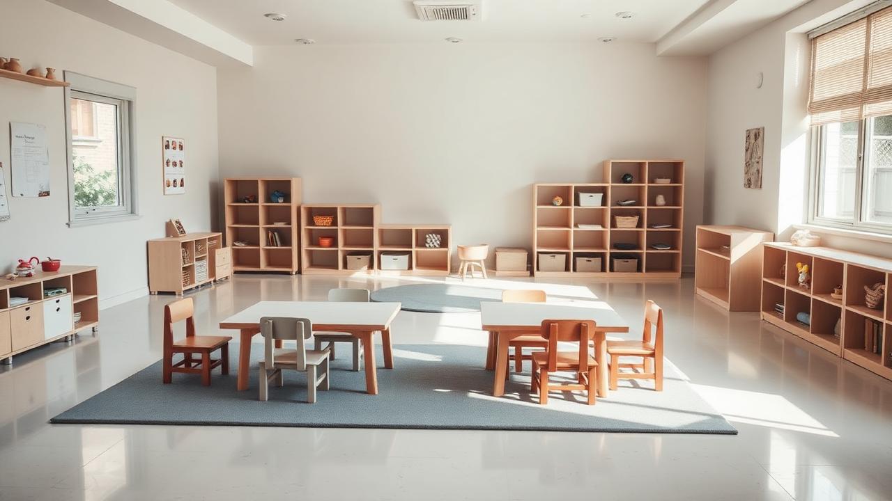 Daycare play room with low tables, small chairs and clean vinyl flooring