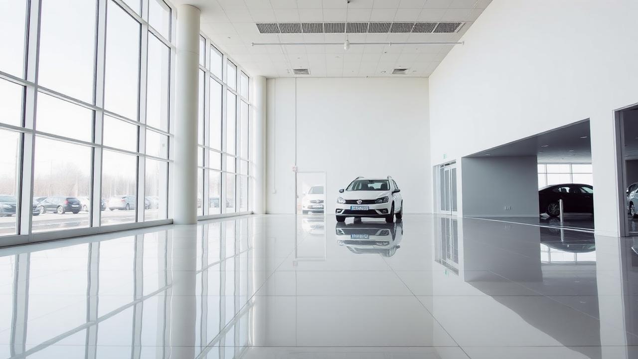 Car dealership showroom with polished floor and full-height glazing