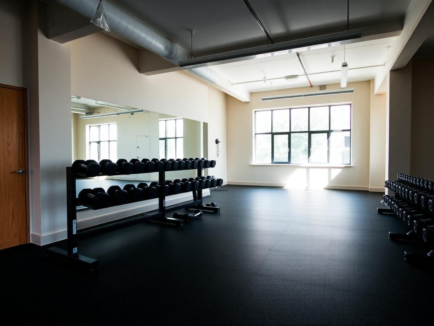 Empty gym floor with cardio equipment and mirrored wall