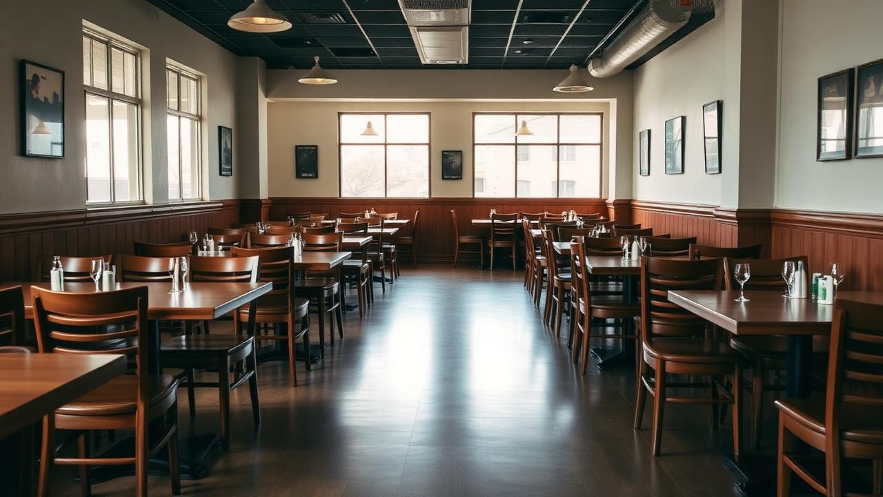 Empty restaurant dining room with set tables and clean hard flooring