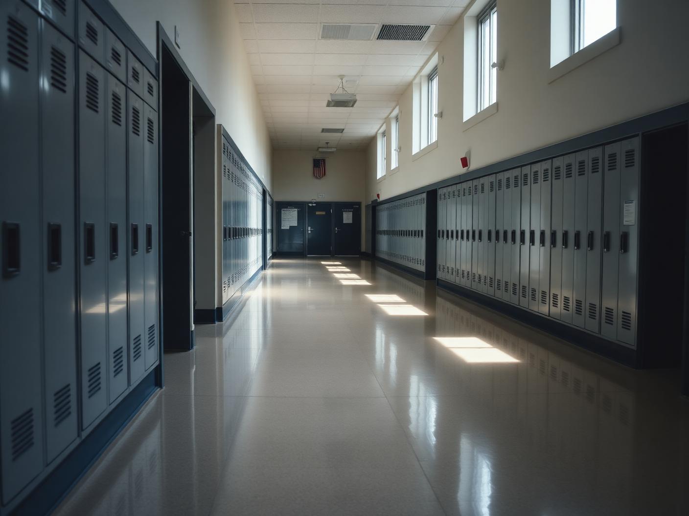 Empty school classroom with desks and cleaned hard flooring