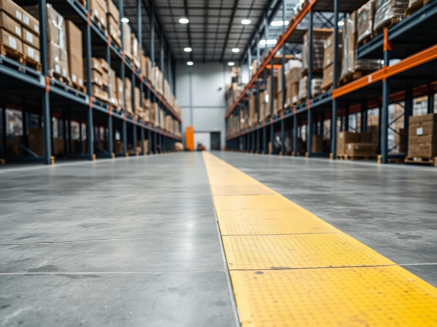 Warehouse aisle with marked pedestrian walkway and racking