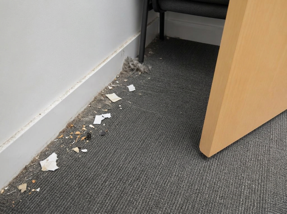 Meeting room carpet edge against the skirting board with paper fragments, crumbs and dust build-up