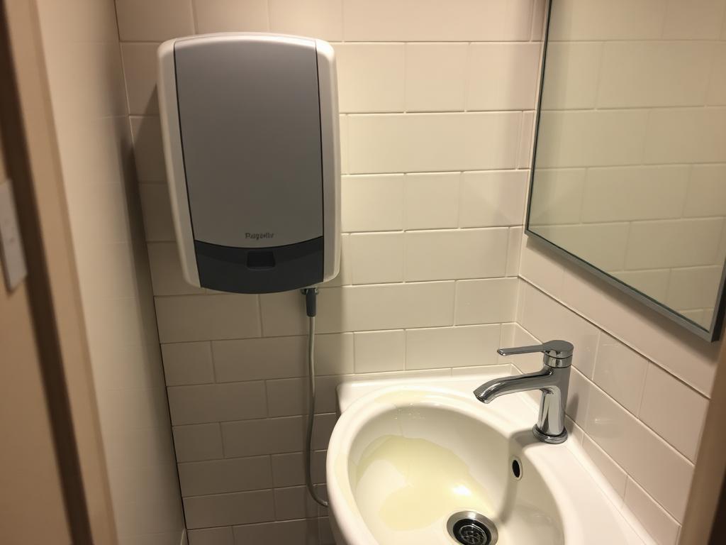Commercial washroom basin with visible water marks after service