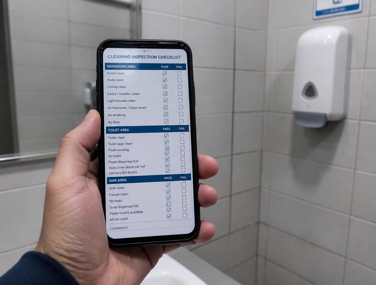 Supervisor marking a cleaning checklist on a phone in a commercial washroom