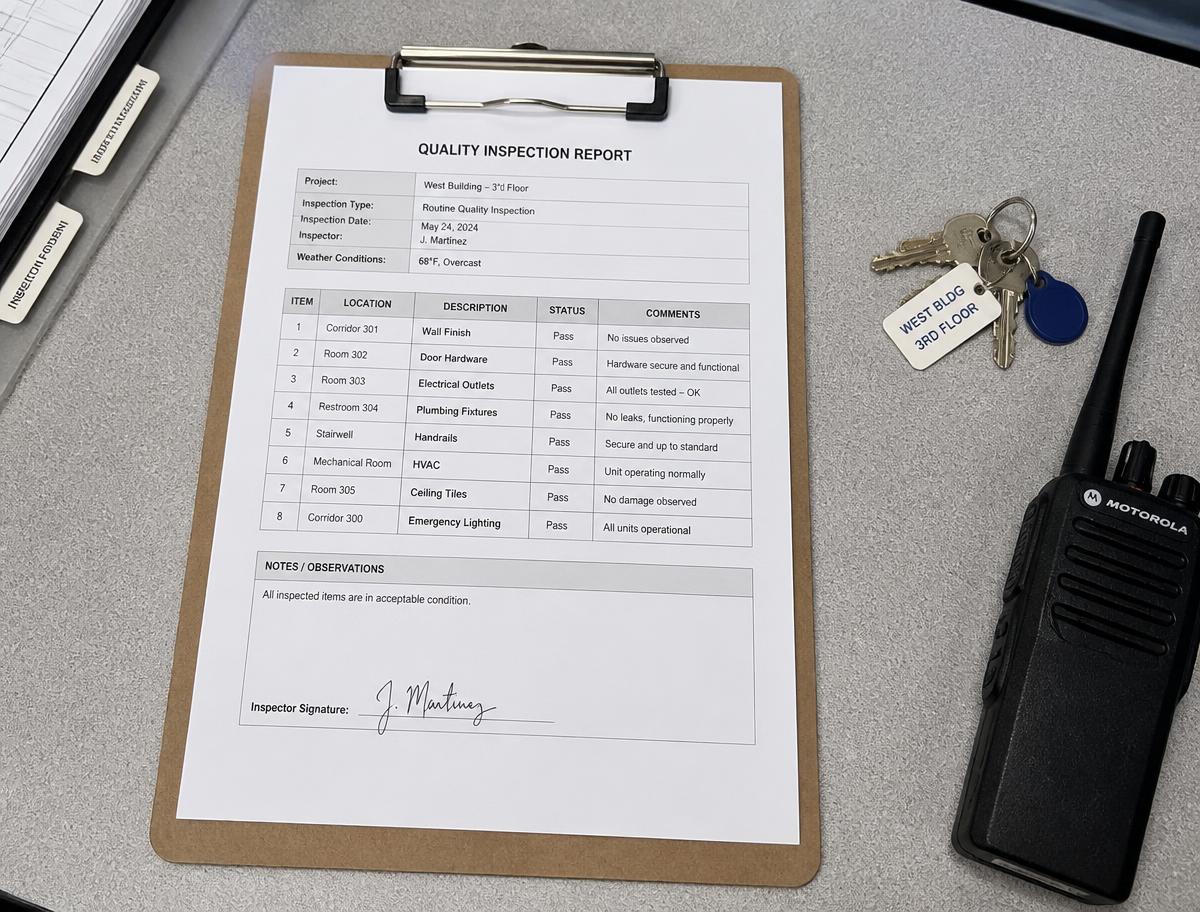 Printed quality inspection report on a facilities desk