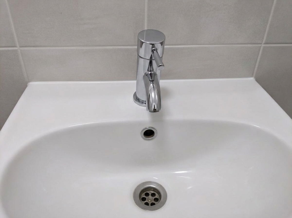 The same washroom basin and chrome tap, photographed from the same angle, now clean, dry and streak-free